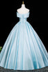 A-line Blue Satin Off Shoulder Prom Dress, Blue Simple Floor Length Evening Dress