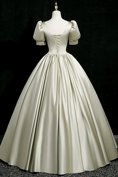 A-line Light Green Satin Short Sleeves Long Formal Dress, Light Green Satin Prom Dress