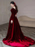 Wine Red Velvet Long Sleeves Long Prom Dress, Wine Red Velvet Wedding Party Dress