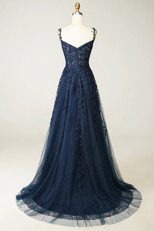A-line Navy Blue Tulle Straps with Lace Prom Dress, Navy Blue Tulle Evening Dress