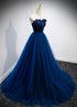 Blue Sweetheart Tulle and Velvet Long Party Dress, Blue Evening Dress Prom Dress