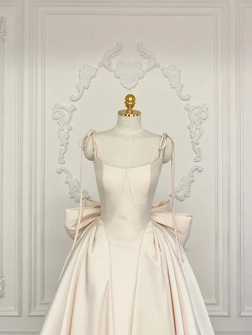 Champagne A-line Satin Straps Long Party Dress, Champagne Satin Prom Dress Evening Dress