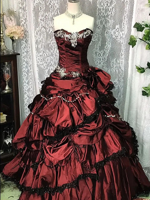 Elegant Wine Red Taffeta Ball Gown Prom Dress, Wine Red Layers Party Dress Evening Dress