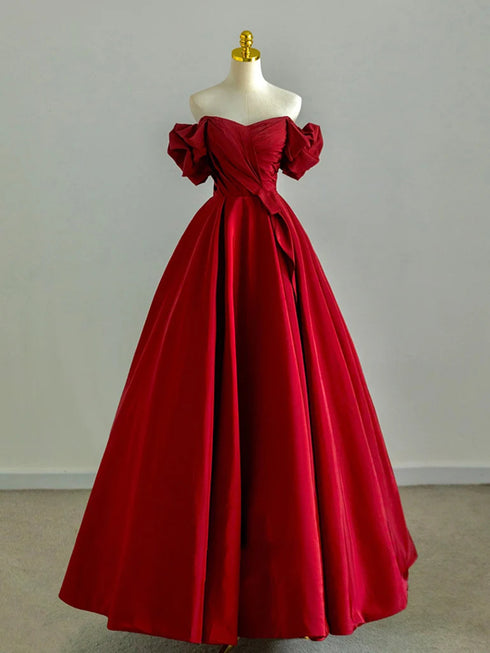 Cute Wine Red Satin Off Shoulder A-Line Prom Dress, Wine Red Satin Long Evening Dress