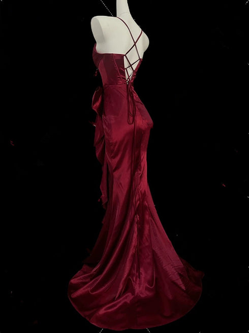 Wine Red Mermaid Straps Long Party Dress, Wine Red Satin Prom Dress Evening Dress