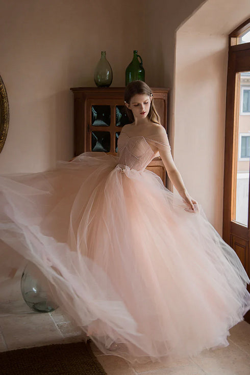Pink Tulle Off Shoulder Beaded Long Party Dress, Pink Tulle Prom Dress