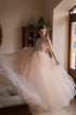 Pink Tulle Off Shoulder Beaded Long Party Dress, Pink Tulle Prom Dress