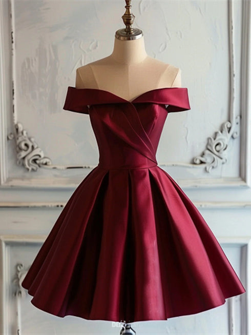 Wine Red Satin Knee Length Homecoming Dress, Off Shoulder Wine Red Satin Formal Dress