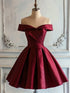 Wine Red Satin Knee Length Homecoming Dress, Off Shoulder Wine Red Satin Formal Dress