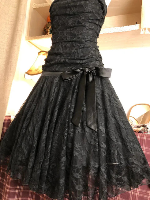 Gothic Black Lace Strapless Party Dress Ruched, A-Line Homecoming Dress with Satin Bow Belt
