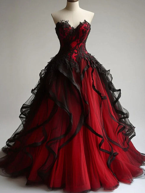 Black and Red Sweetheart Tulle Long Party Dress, A-line Evening Dress Prom Dress