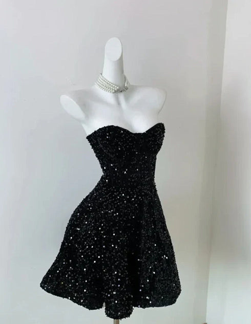 Black Sequins Short Homecoming Dress, Black Strapless Sequin A Line Party Dress Cocktail Dress
