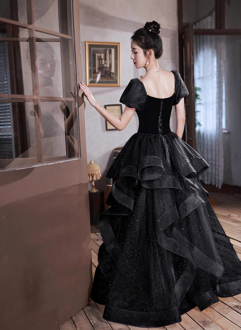Black Velvet and Tulle Off Shoulder Long Formal Dress, Black Evening Dress Party Dress