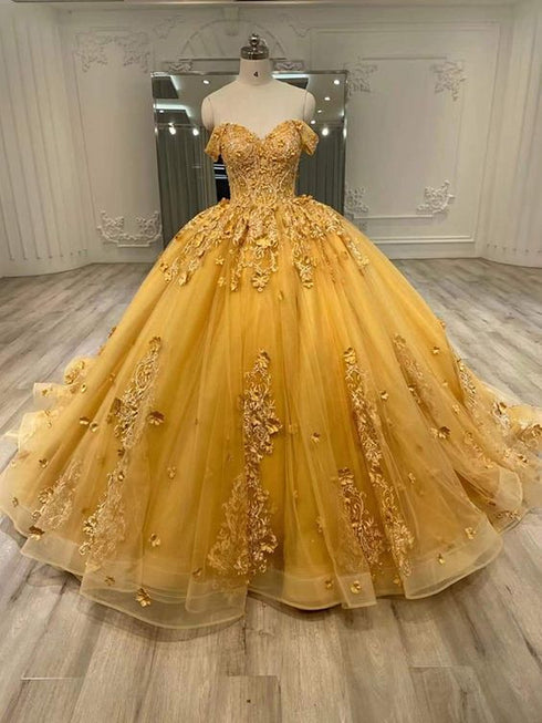 Gold Tulle with Lace Applique Sweet 16 Gowns, Off Shoulder Quinceanera Dresses