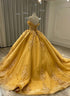 Gold Tulle with Lace Applique Sweet 16 Gowns, Off Shoulder Quinceanera Dresses