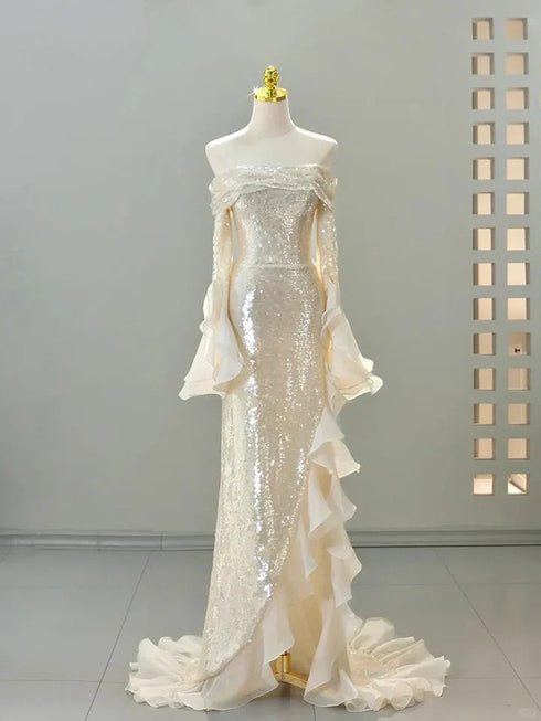 Light Champagne Sequins Evening Dress with Sleeves, Ruffle Sequins Long Formal Dress