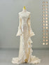 Light Champagne Sequins Evening Dress with Sleeves, Ruffle Sequins Long Formal Dress