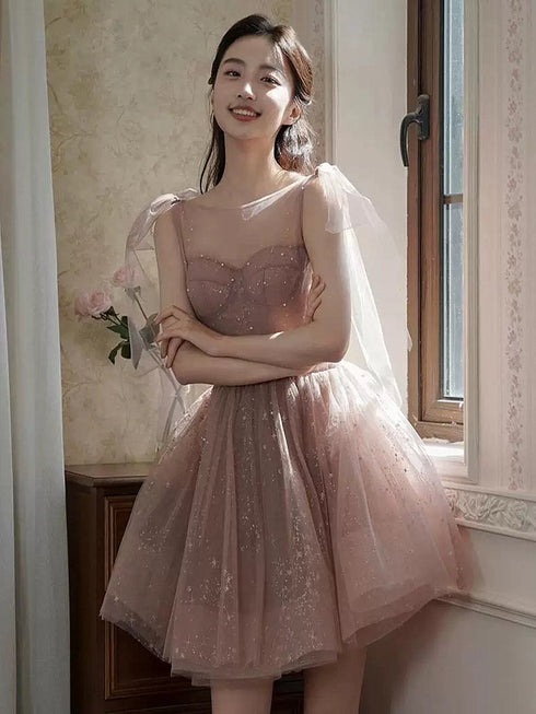 Cute Dark Pink Short Shiny Tulle Sweetheart Party Dress, Dark Pink Homecoming Dress