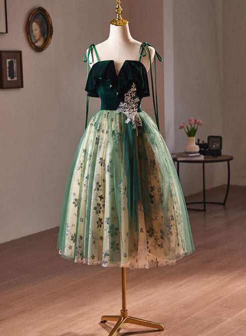 A-line Green with Lace Short Prom Dress, Short Tulle Homecoming Dress