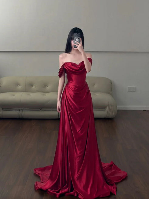 Wine Red Satin Long Party Dress Prom Dress, Off Shoulder Wine Red Evening Dress