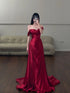 Wine Red Satin Long Party Dress Prom Dress, Off Shoulder Wine Red Evening Dress