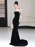 Black Mermaid Velvet Halter Long Party Dress, Black Velvet Evening Dress Prom Dress