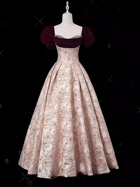 A-line Pink Floral Beaded Short Sleeves Prom Dress, Pink Floor Length Evening Dress