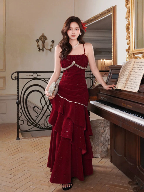 Wine Red Beaded Velvet Layers Straps Long Formal Dress, Wine Red Velvet Long Prom Dress