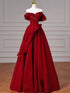 Wine Red Long Off Shoulder Beaded A-line Prom Dress, Wine Red Satin Evening Dress