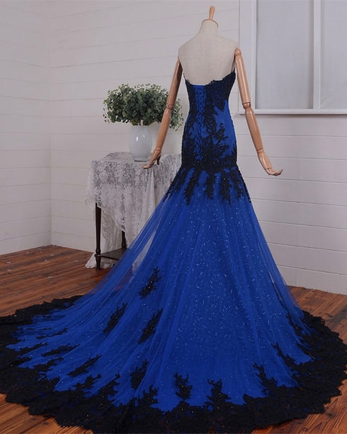 Royal Blue Mermaid Strapless with Black Lace Prom Dress, Black and Blue Gothic Formal Dress