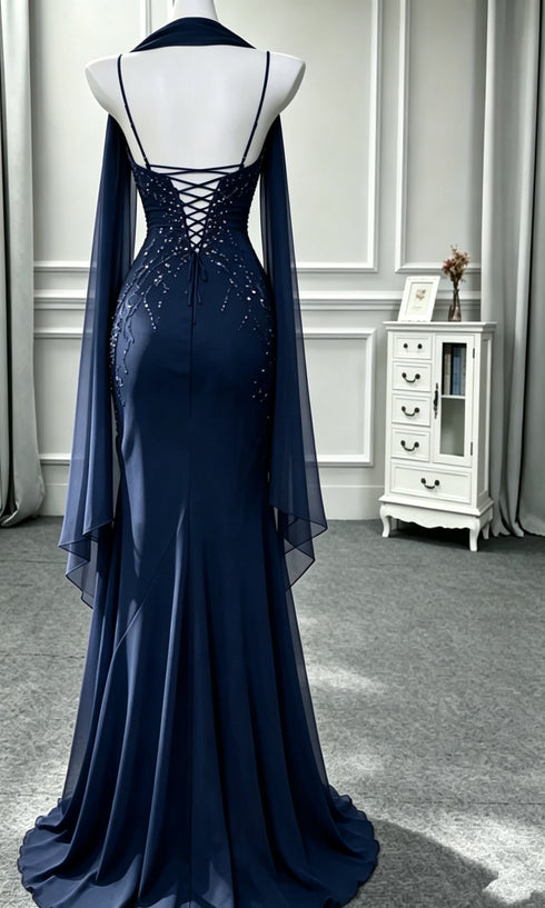 Navy Blue Spaghetti Strap Sweetheart Neckline Prom Dress, Ruched Bodice Chiffon Party Dress