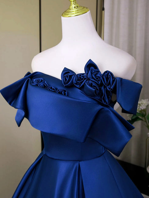 Blue Satin Flowers Long Prom Dress Evening Dress, Blue Satin Off Shoulder Formal Dress