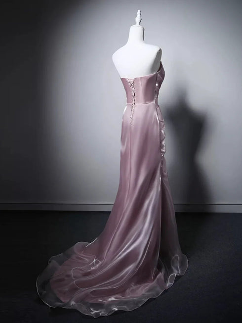 Pink Strapless Beaded Sweetheart Long Formal Dress, Pink Floor Length Lace-up Prom Dress