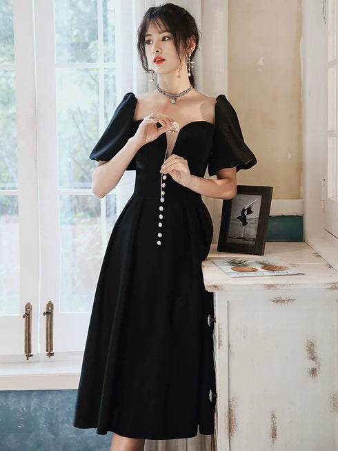 Black Velvet Tea Length Short Sleeves Wedding Party Dress, Black Velvet Homecoming Dress