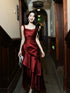 Wine Red Satin Straps Floor Length Formal Dress, Wine Red Satin Evening Dress Prom Dress