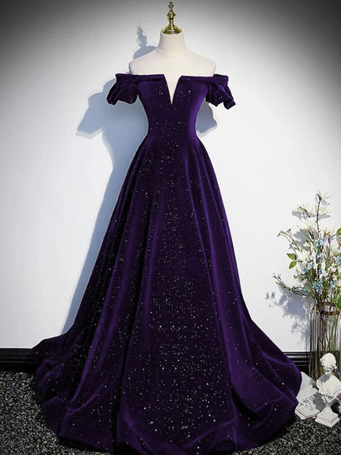 A-line Purple Velvet Off Shoulder Long Prom Dress, Purple Velvet Evening Dress