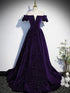 A-line Purple Velvet Off Shoulder Long Prom Dress, Purple Velvet Evening Dress