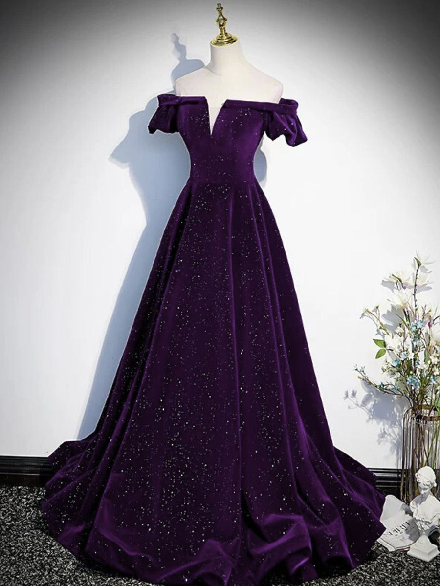 A-Line Purple Velvet Off Shoulder Long Prom Dress, Purple Velvet Evening Dress US 22w / Custom Color