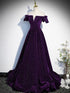 A-line Purple Velvet Off Shoulder Long Prom Dress, Purple Velvet Evening Dress