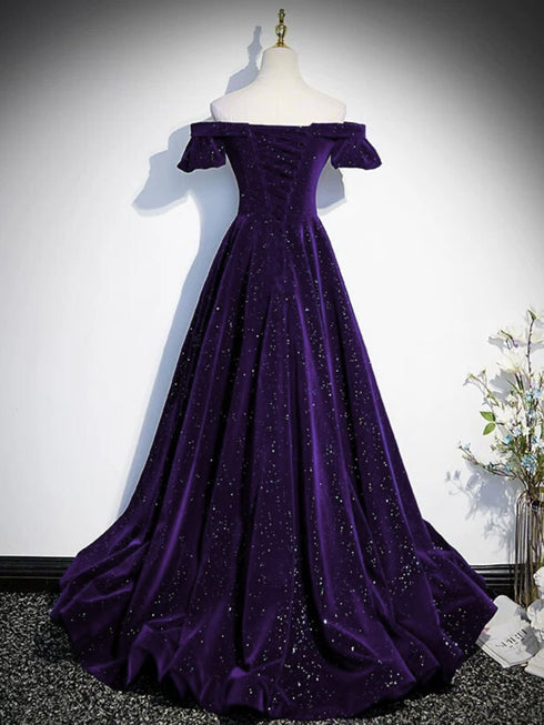 A-line Purple Velvet Off Shoulder Long Prom Dress, Purple Velvet Evening Dress