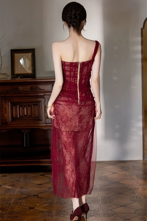 Wine Red Tulle and Lace One Shoulder Party Dress, A-line Wine Red Wedding Party Dress