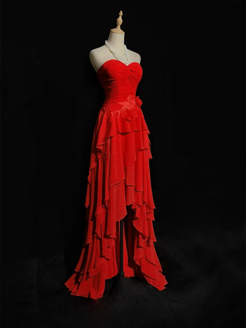 Red Chiffon High Low Layers Party Dress with Lace Applique, Red Prom Dress