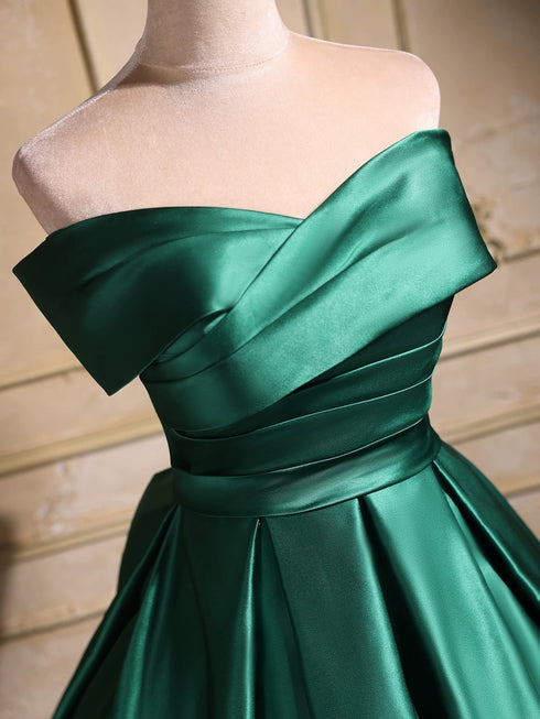 Green Satin Off Shoulder Long Party Dress Prom Dress, Green Satin Evening Dress