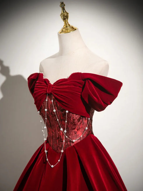Wine Red Velvet Sweetheart Beaded Party Dress, Wine Red Off Shoulder Evening Dress