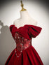Wine Red Velvet Sweetheart Beaded Party Dress, Wine Red Off Shoulder Evening Dress