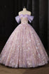 Light Purple Floral Tulle Prom Dress with Lace, A-line Off Shoulder Party Dress