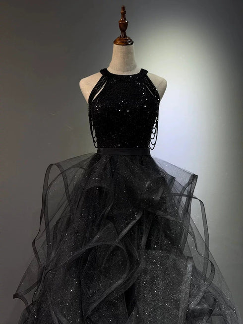 Black Halter Sequins and Tulle Beaded Prom Dress, Black Chic Long Party Dress Evening Dress