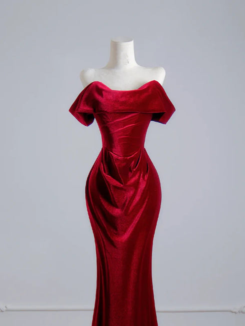 Wine Red Velvet Mermaid Off Shoulder Long Prom Dress, Wine Red Wedding Party Dress