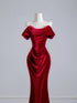 Wine Red Velvet Mermaid Off Shoulder Long Prom Dress, Wine Red Wedding Party Dress