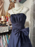 Elegant Navy Blue Strapless A-Line Prom Dress, Navy Blue Ruched Long Formal Dress